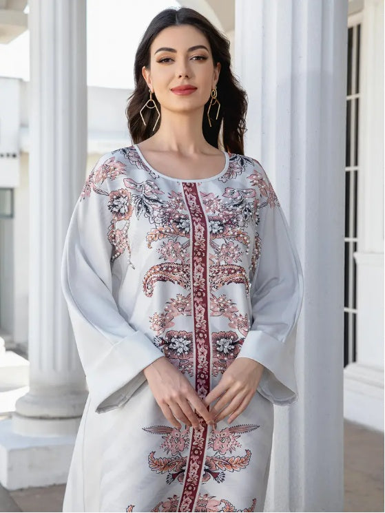 Elegant Floral Print Long Sleeve Abaya Dress