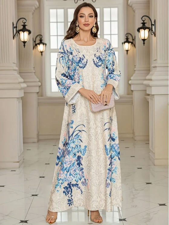 Elegant Floral Print Long Sleeve Abaya Dress