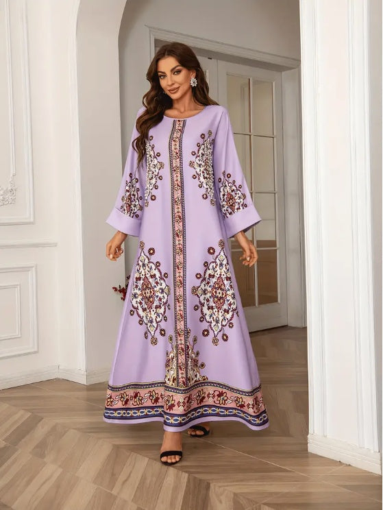Elegant Floral Print Long Sleeve Abaya Dress