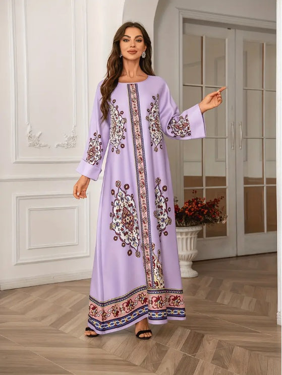 Elegant Floral Print Long Sleeve Abaya Dress