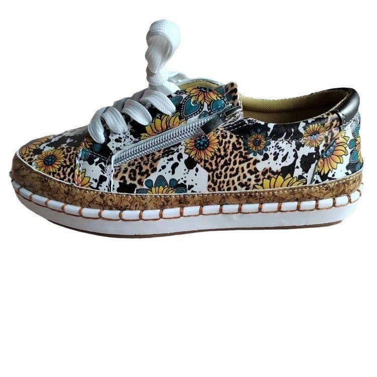 Color Matching Printing Lace-up Flats Retro Fashion