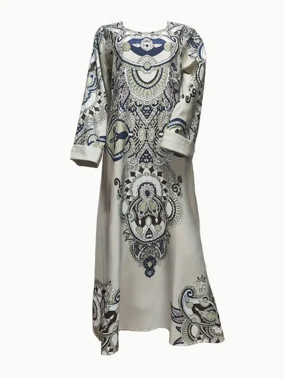 Elegant Floral Print Long Sleeve Abaya Dress
