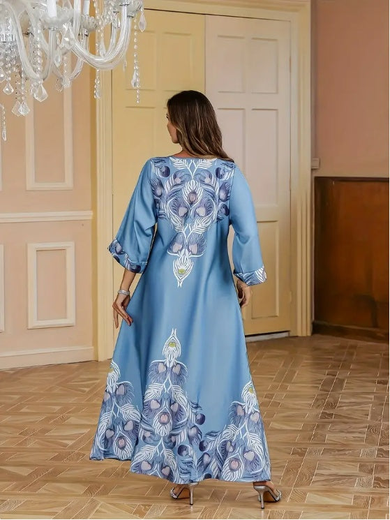 Elegant Floral Print Long Sleeve Abaya Dress