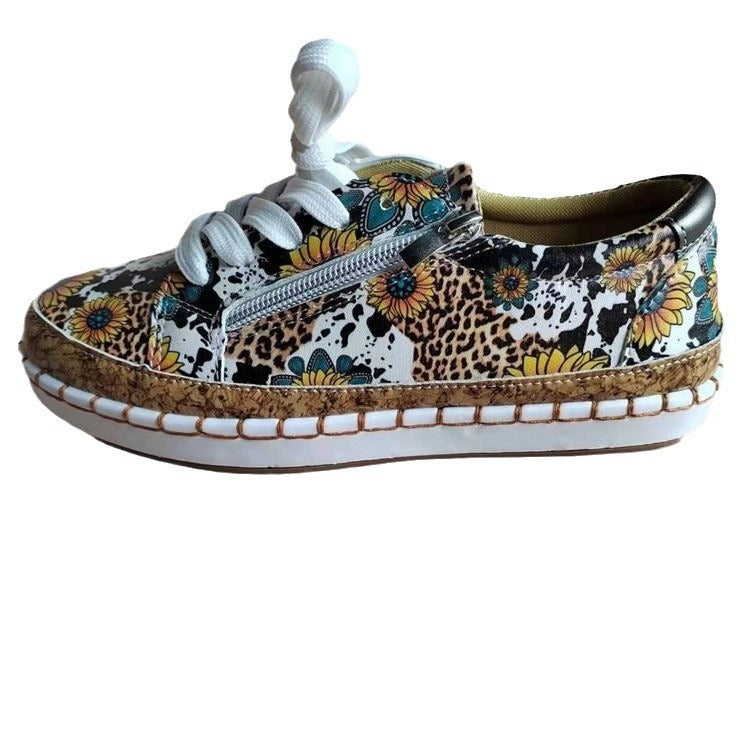 Color Matching Printing Lace-up Flats Retro Fashion