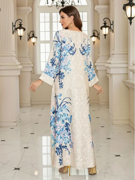 Elegant Floral Print Long Sleeve Abaya Dress