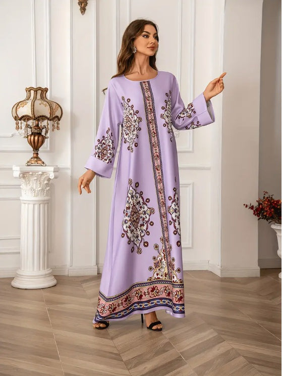 Elegant Floral Print Long Sleeve Abaya Dress