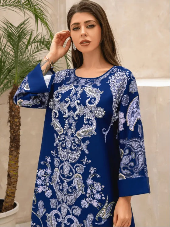 Elegant Floral Print Long Sleeve Abaya Dress