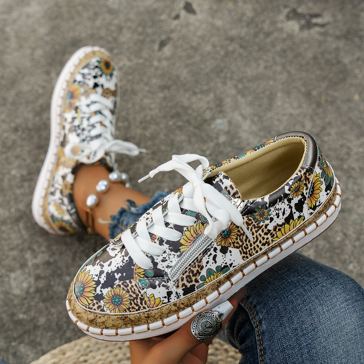 Color Matching Printing Lace-up Flats Retro Fashion