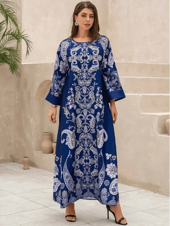 Elegant Floral Print Long Sleeve Abaya Dress