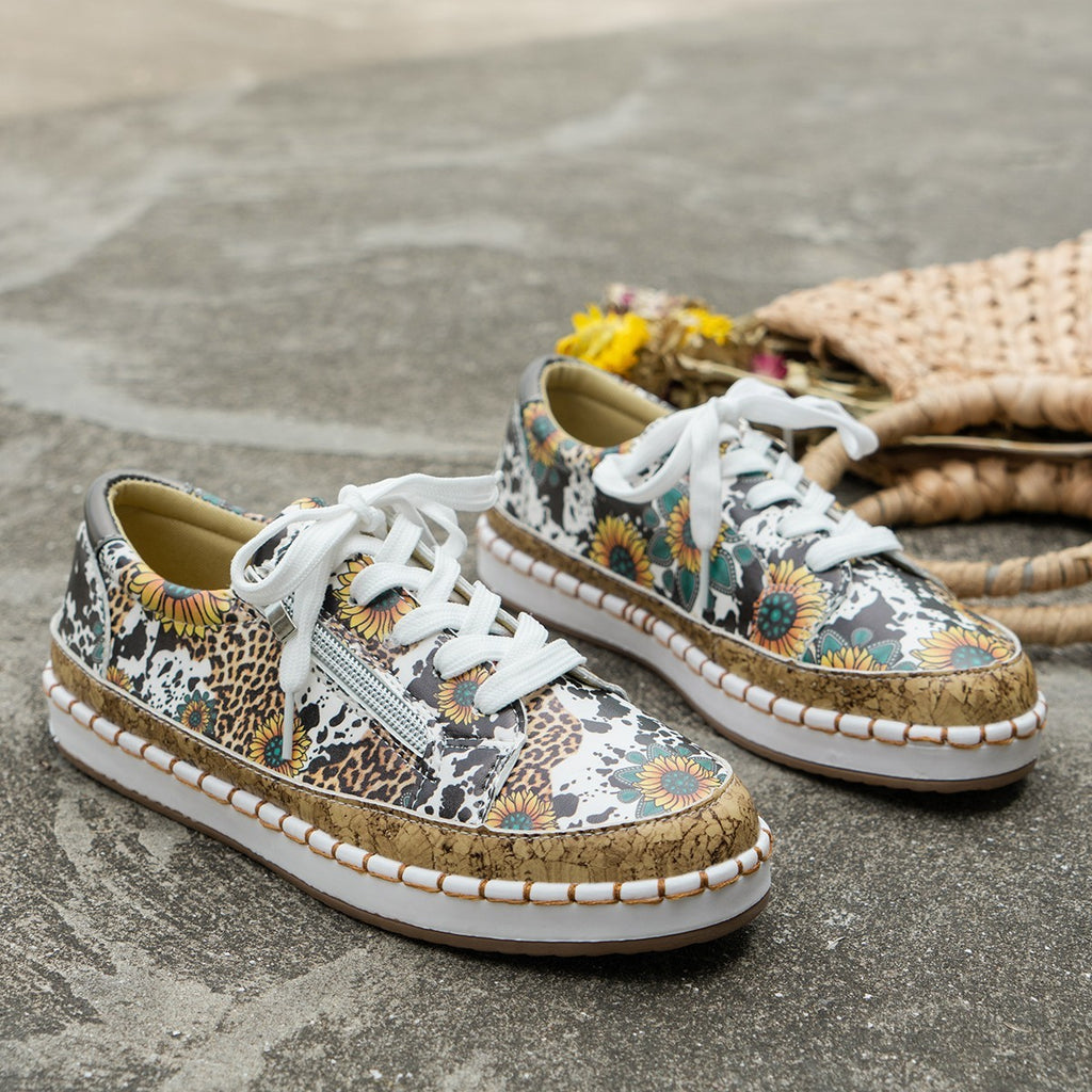 Color Matching Printing Lace-up Flats Retro Fashion