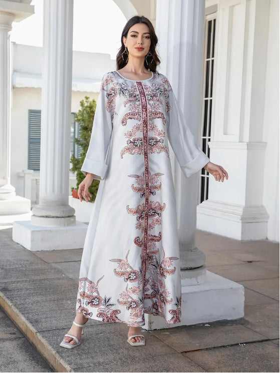 Elegant Floral Print Long Sleeve Abaya Dress