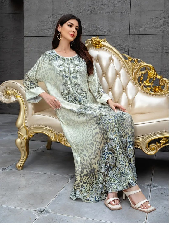 Elegant Floral Print Long Sleeve Abaya Dress