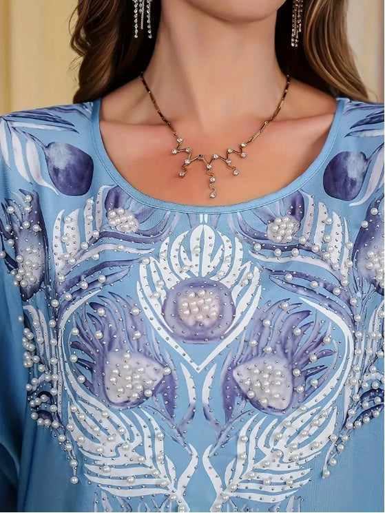 Elegant Floral Print Long Sleeve Abaya Dress