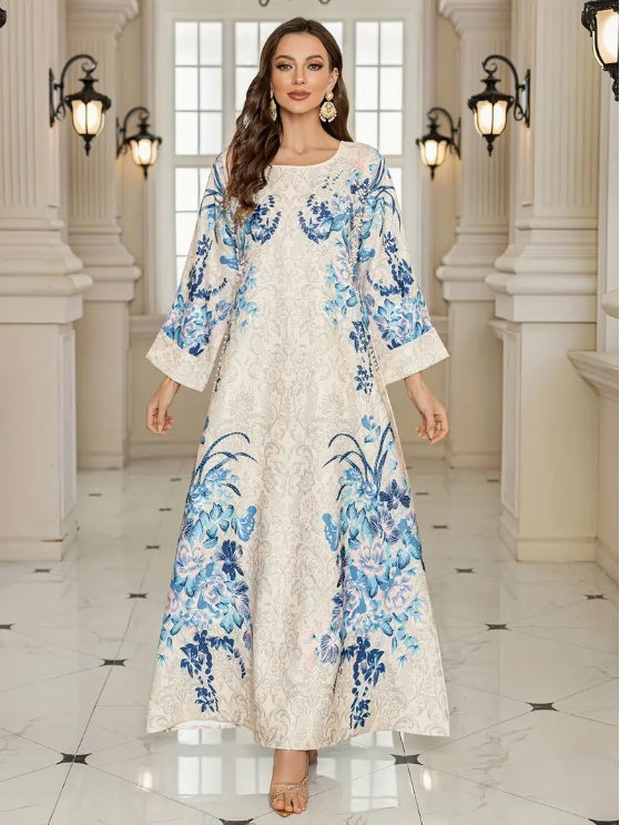 Elegant Floral Print Long Sleeve Abaya Dress